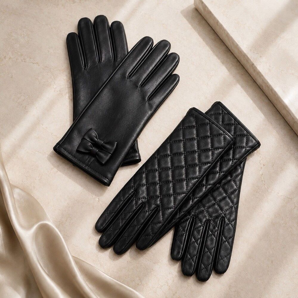 MoDA & Mango Women Black Leather Gloves 2 Pair Lot S S/M NWT Quilted Bow Luxury